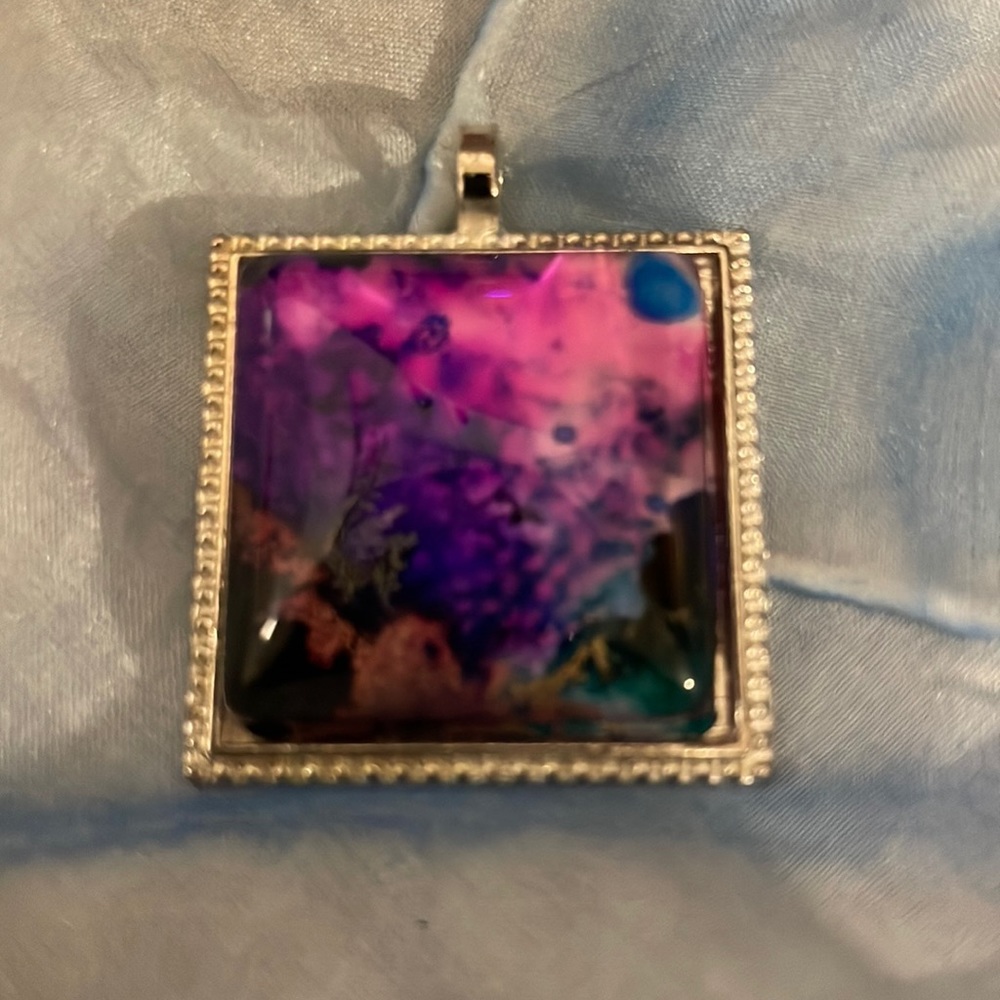 Handmade Jewelry Square Silvertone Setting w Alcohol Ink Art Under Domed Glass